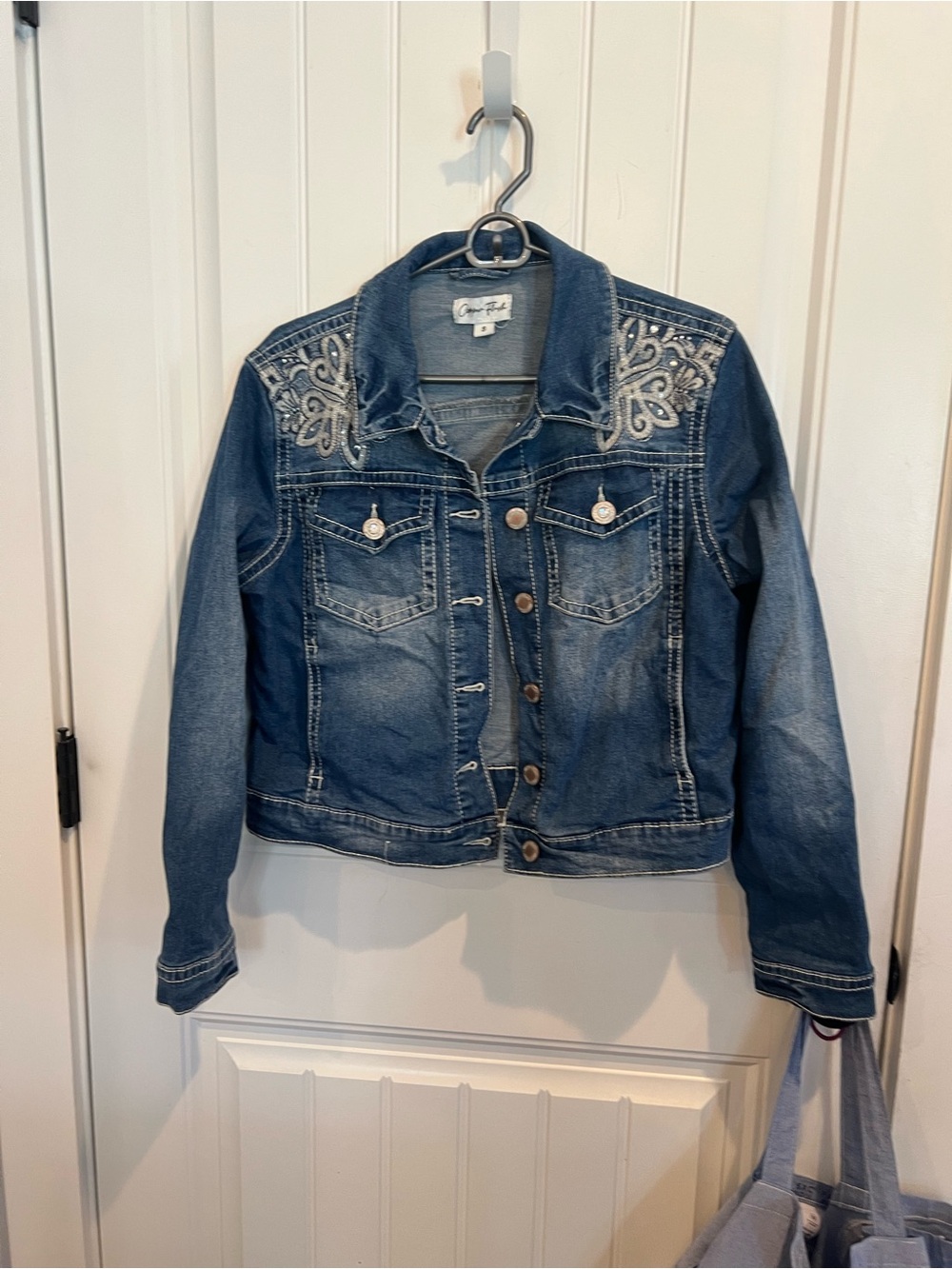 Copper Flash embellished, denim jacket, small blue western BoHo rhinestone